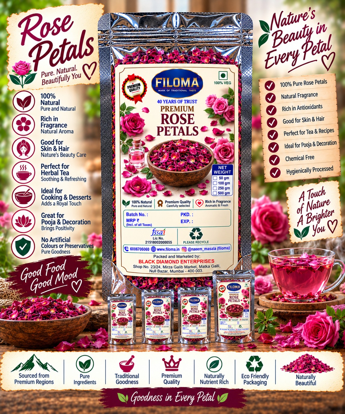Filoma Premium Rose Petals (Gulab Ki Pankhudi) – 100% Natural Dried Rose Petals