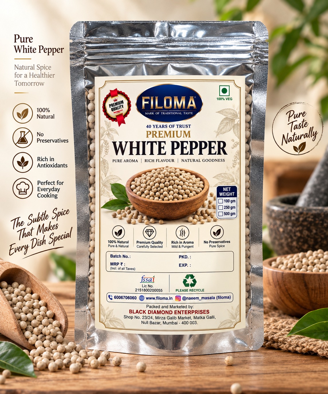 Filoma Premium White Pepper (Safed Mirch) – 100% Natural Whole Spice