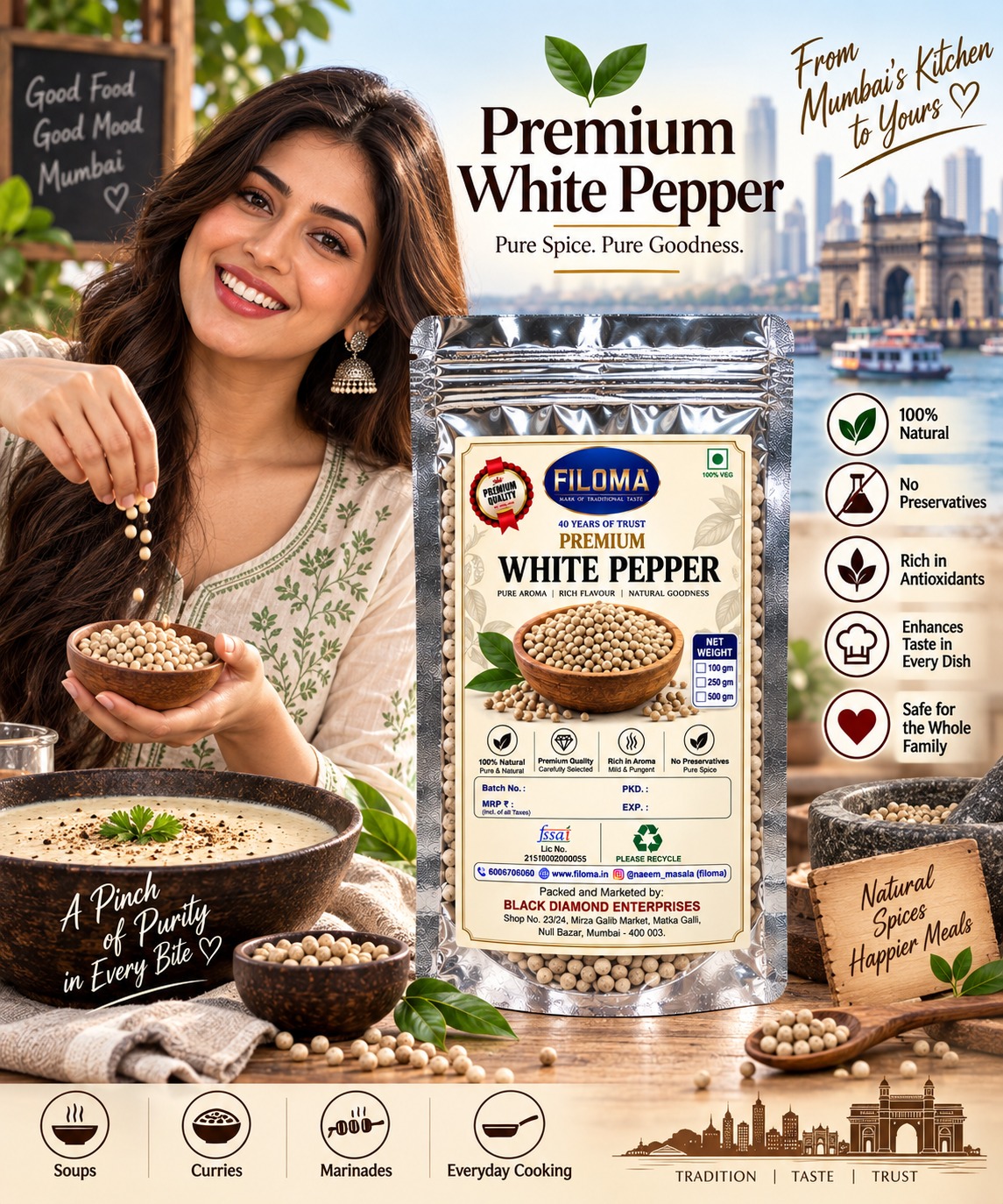 Filoma Premium White Pepper (Safed Mirch) – 100% Natural Whole Spice