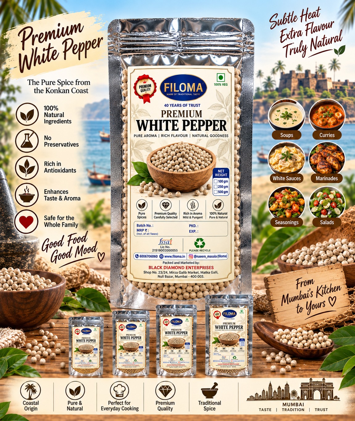 Filoma Premium White Pepper (Safed Mirch) – 100% Natural Whole Spice